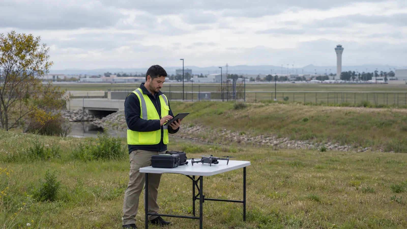 Technician with a tablet beside a grounded drone on a field table, with an airport perimeter and control tower in the distance.