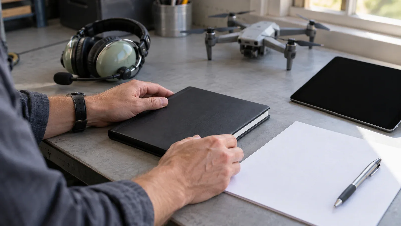 Hands arranging a plain notebook beside blank paper, an aviation headset, a dark tablet, and a stationary quadcopter on a workshop bench.