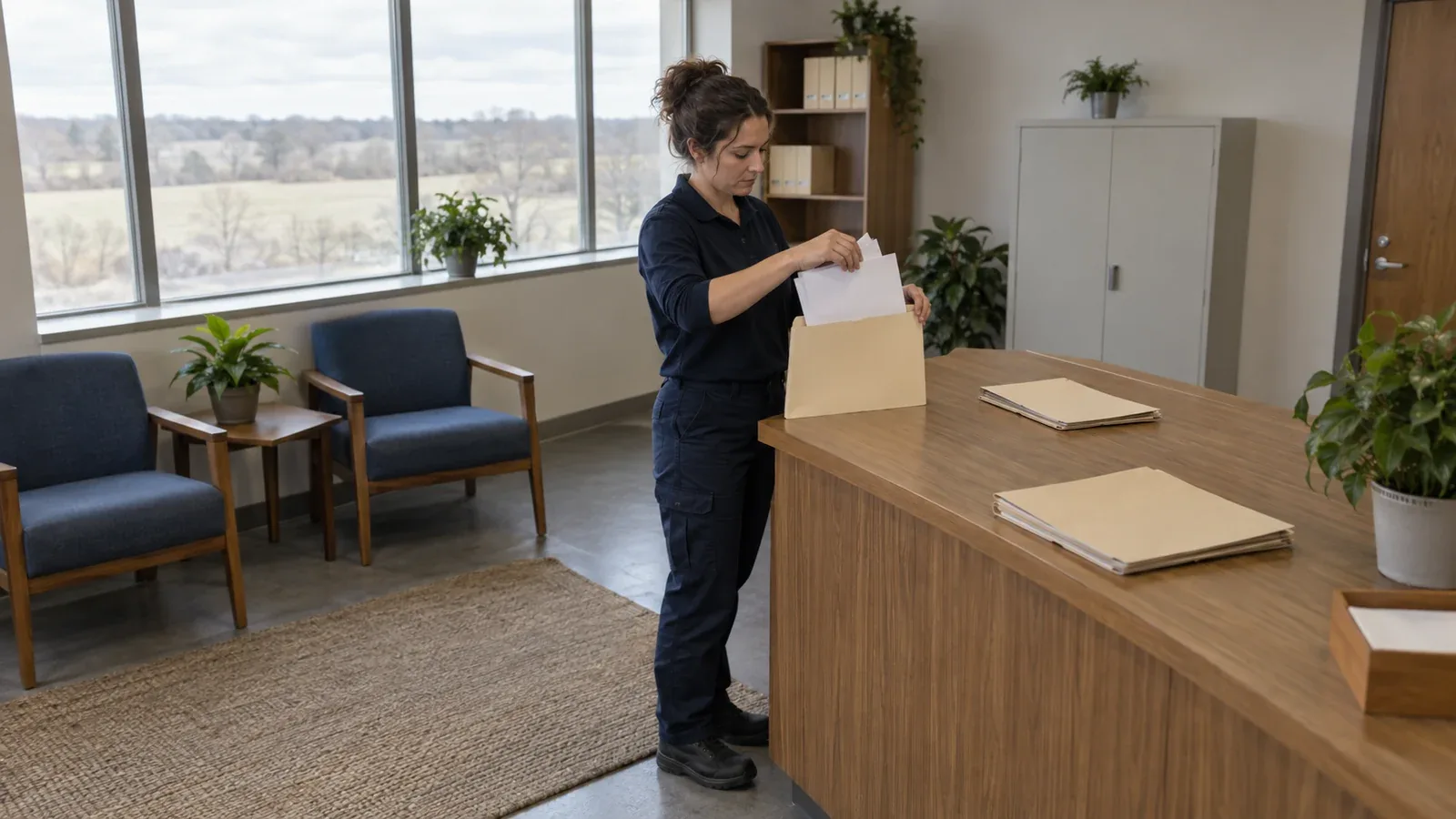 A technician organizes papers into a folder at a wooden office counter beside large windows in soft daylight.