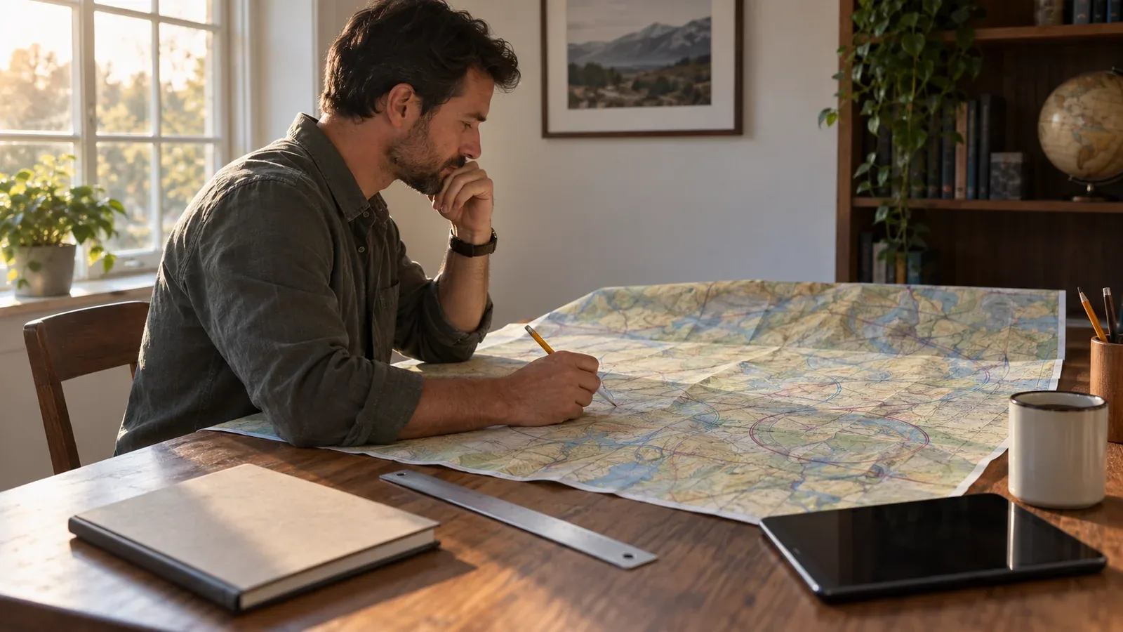 A learner studies an unfolded aviation chart at a sunlit wooden desk with a pencil, straightedge, notebook, and dark tablet.