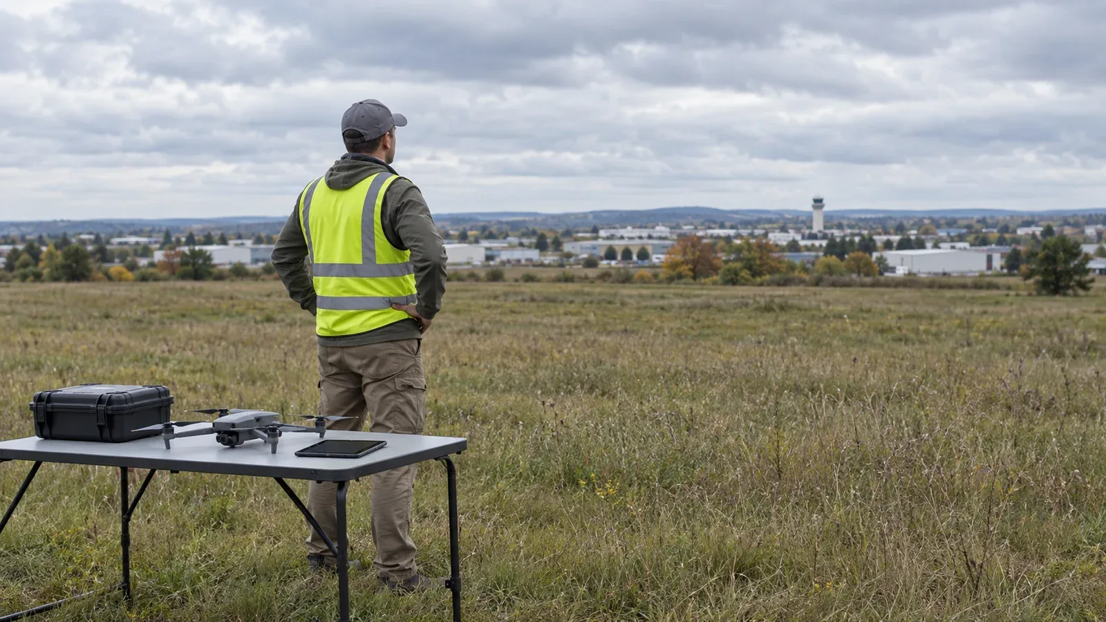 Technician beside a grounded drone and dark tablet on a field table, overlooking distant buildings and a control tower under overcast skies.