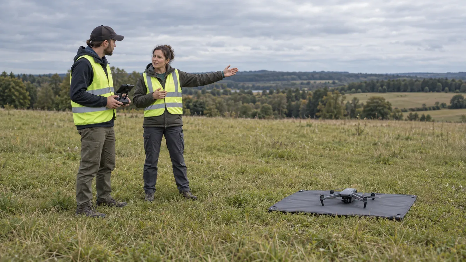 Two drone crew members confer in an open field, one gesturing toward the landscape beside a grounded quadcopter on a landing mat.