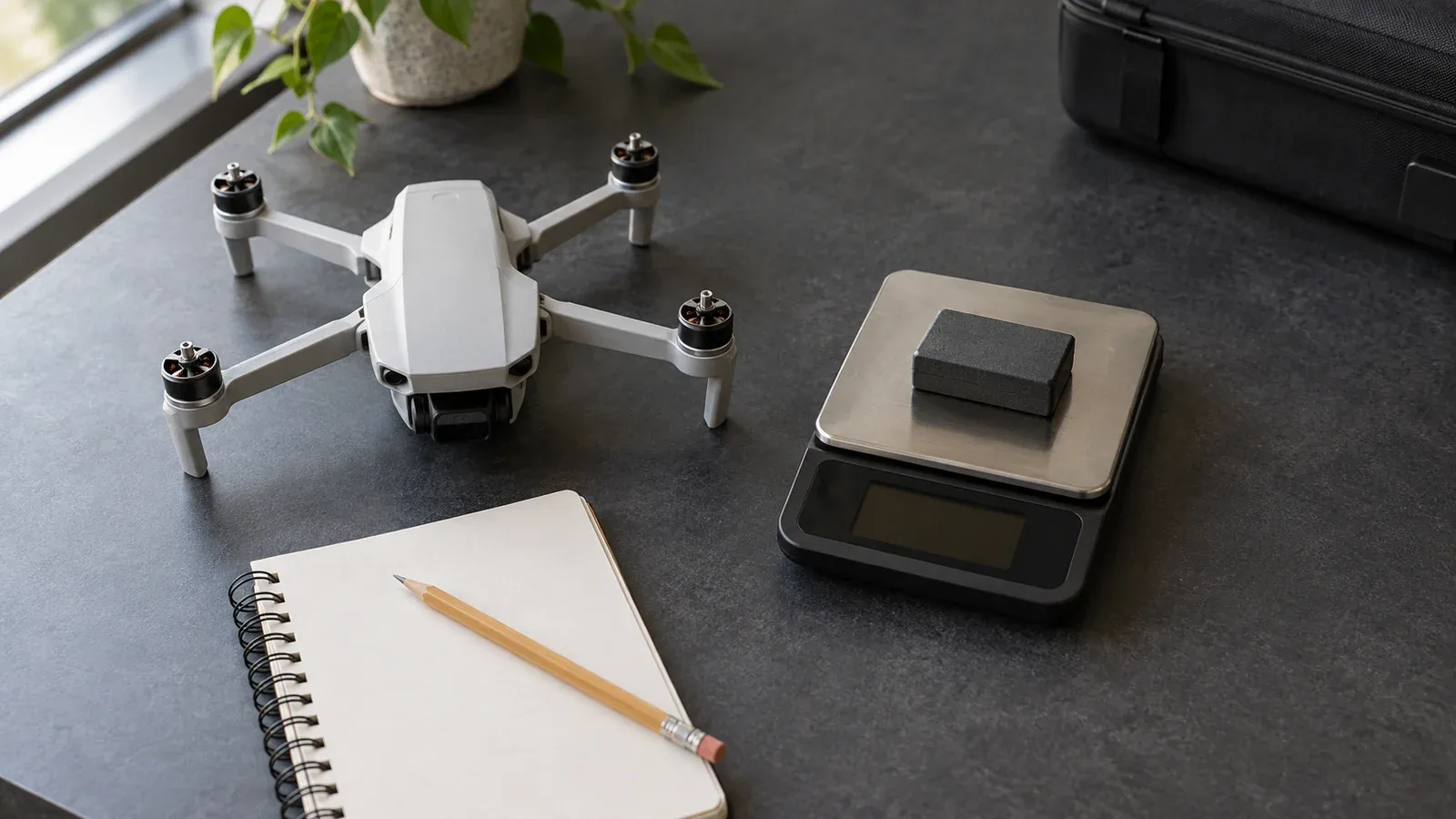Unbranded quadcopter with propellers removed beside a payload on a digital scale and a blank notebook on a charcoal work surface.