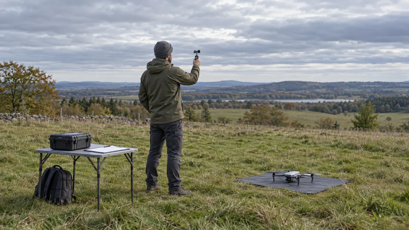 Technician holds a wind meter in an overcast rural field beside a grounded drone, equipment case, and clipboard.
