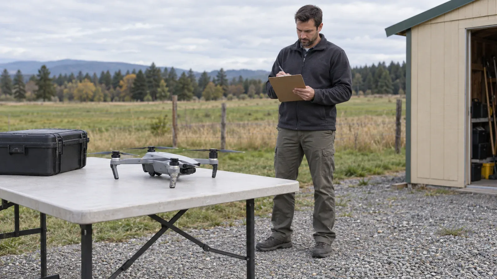 Technician takes clipboard notes beside a stationary quadcopter and equipment case on an outdoor table near a rural shed.
