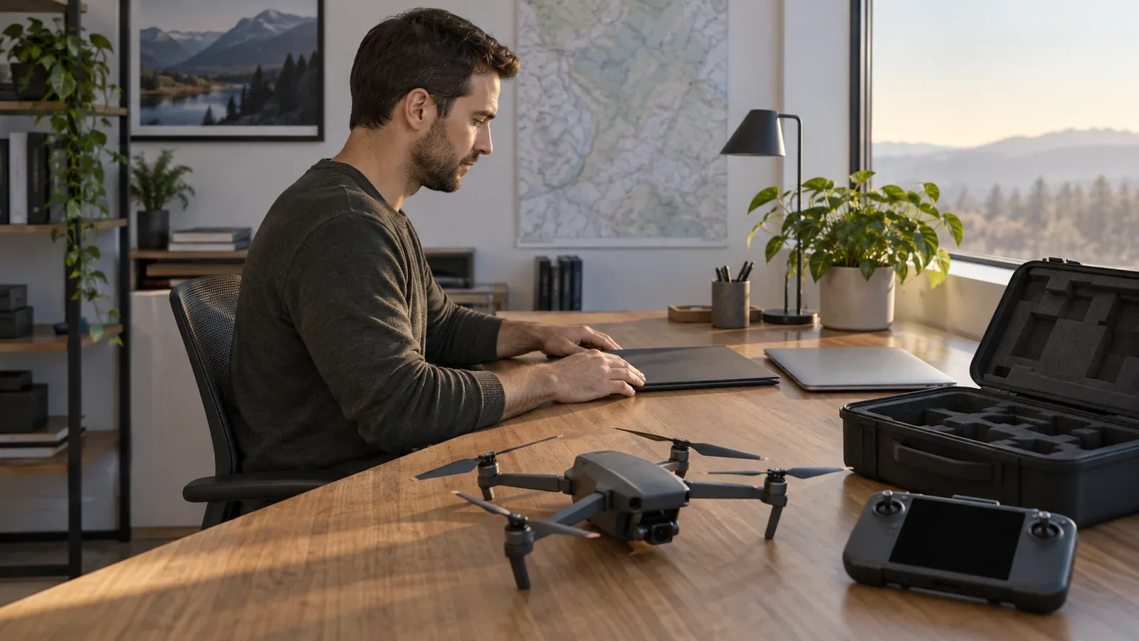 Man seated at a sunlit desk with a closed folder and laptop, with a drone, dark-screen controller and padded case in the foreground.
